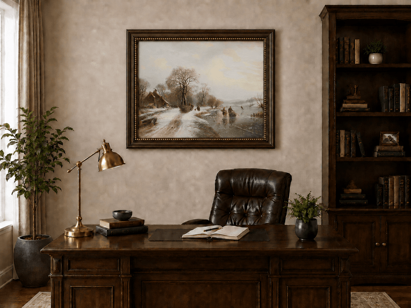 Peinture à l'huile de paysage - Village riverain en hiver