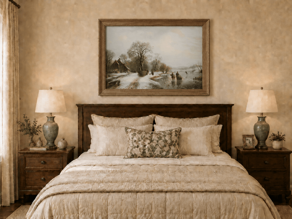 Peinture à l'huile de paysage - Village riverain en hiver