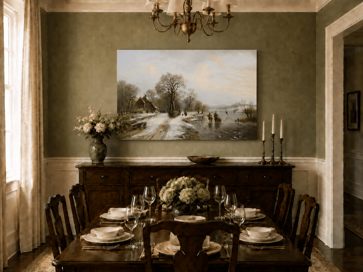 Peinture à l'huile de paysage - Village riverain en hiver