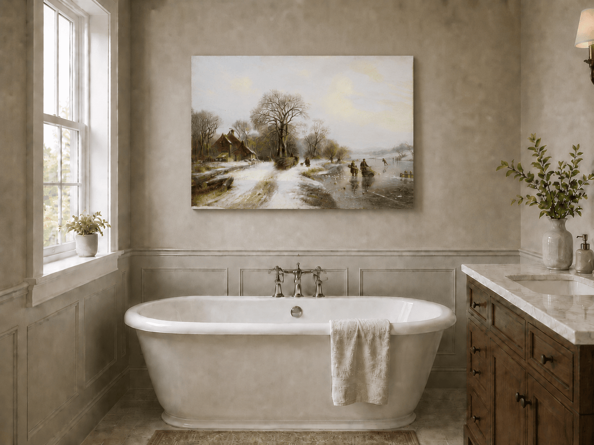 Peinture à l'huile de paysage - Village riverain en hiver