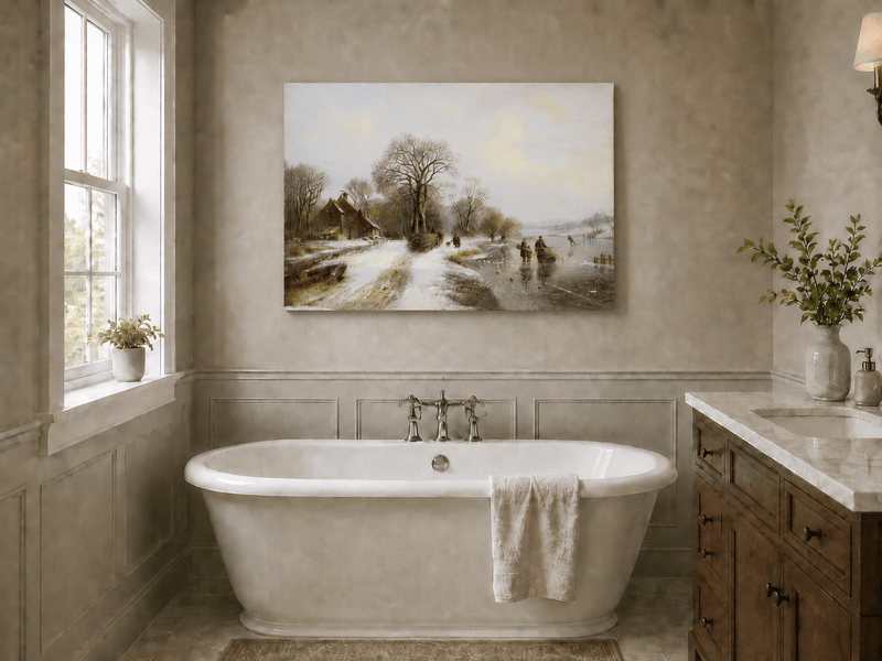 Peinture à l'huile de paysage - Village riverain en hiver
