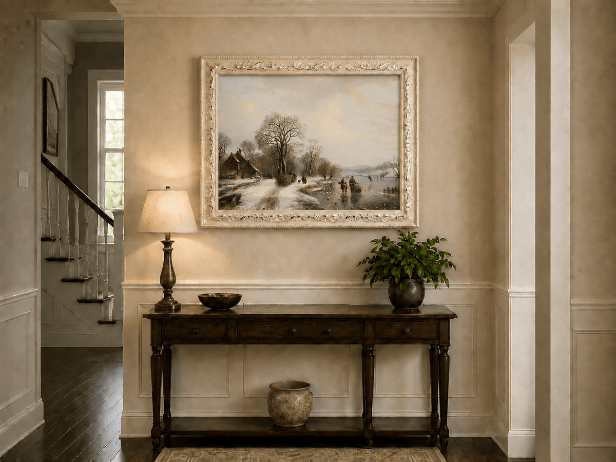 Peinture à l'huile de paysage - Village riverain en hiver