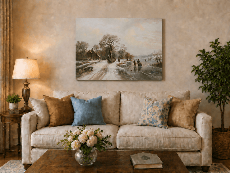 Peinture à l'huile de paysage - Village riverain en hiver