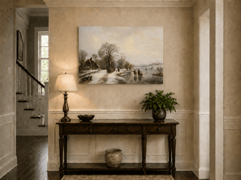 Peinture à l'huile de paysage - Village riverain en hiver
