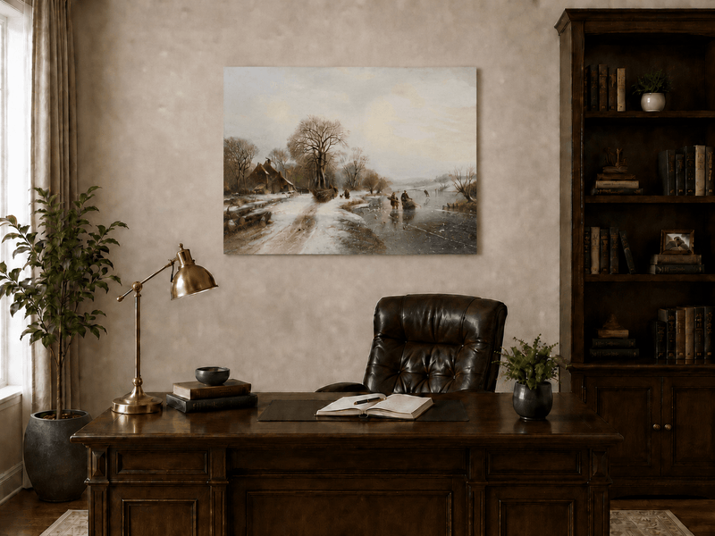 Peinture à l'huile de paysage - Village riverain en hiver