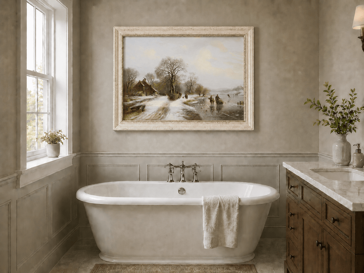 Peinture à l'huile de paysage - Village riverain en hiver