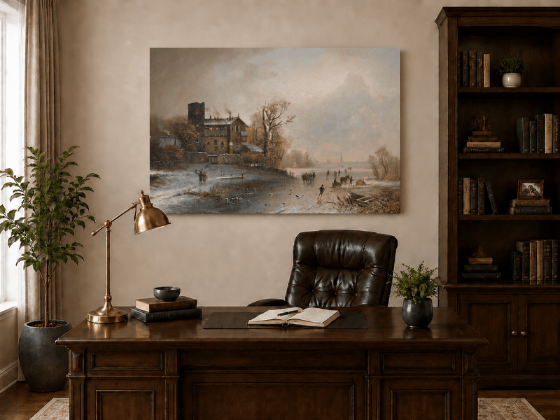 Village d'hiver au bord de la rivière avec patineurs et personnages – Peinture à l'huile de paysage
