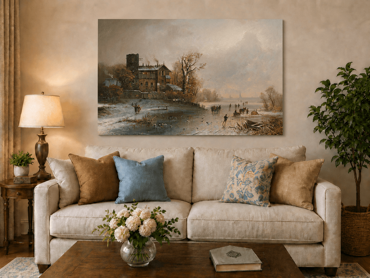 Village d'hiver au bord de la rivière avec patineurs et personnages – Peinture à l'huile de paysage