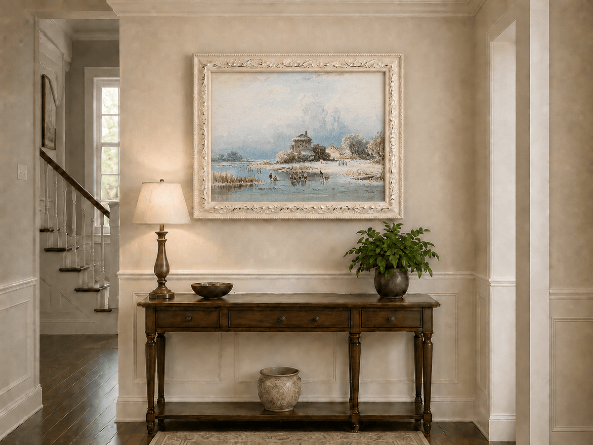 Peinture à l'huile de paysage - Gouffre rocheux spectaculaire avec personnages