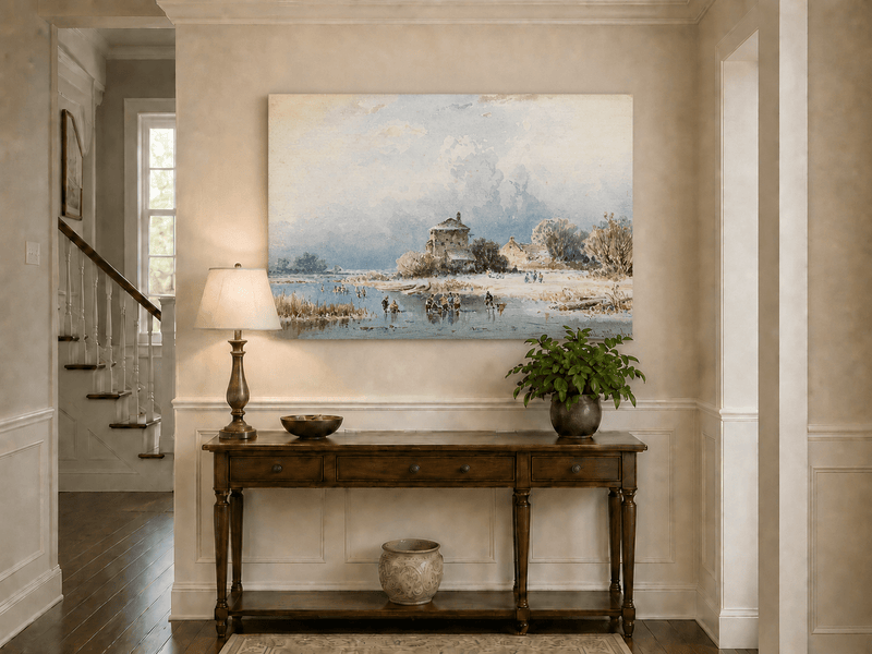 Peinture à l'huile de paysage - Gouffre rocheux spectaculaire avec personnages