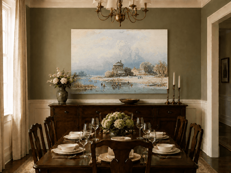 Peinture à l'huile de paysage - Gouffre rocheux spectaculaire avec personnages
