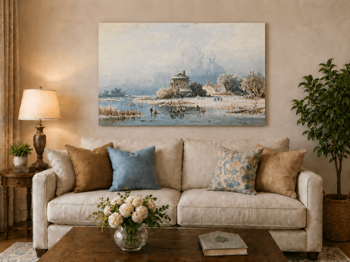 Peinture à l'huile de paysage - Gouffre rocheux spectaculaire avec personnages