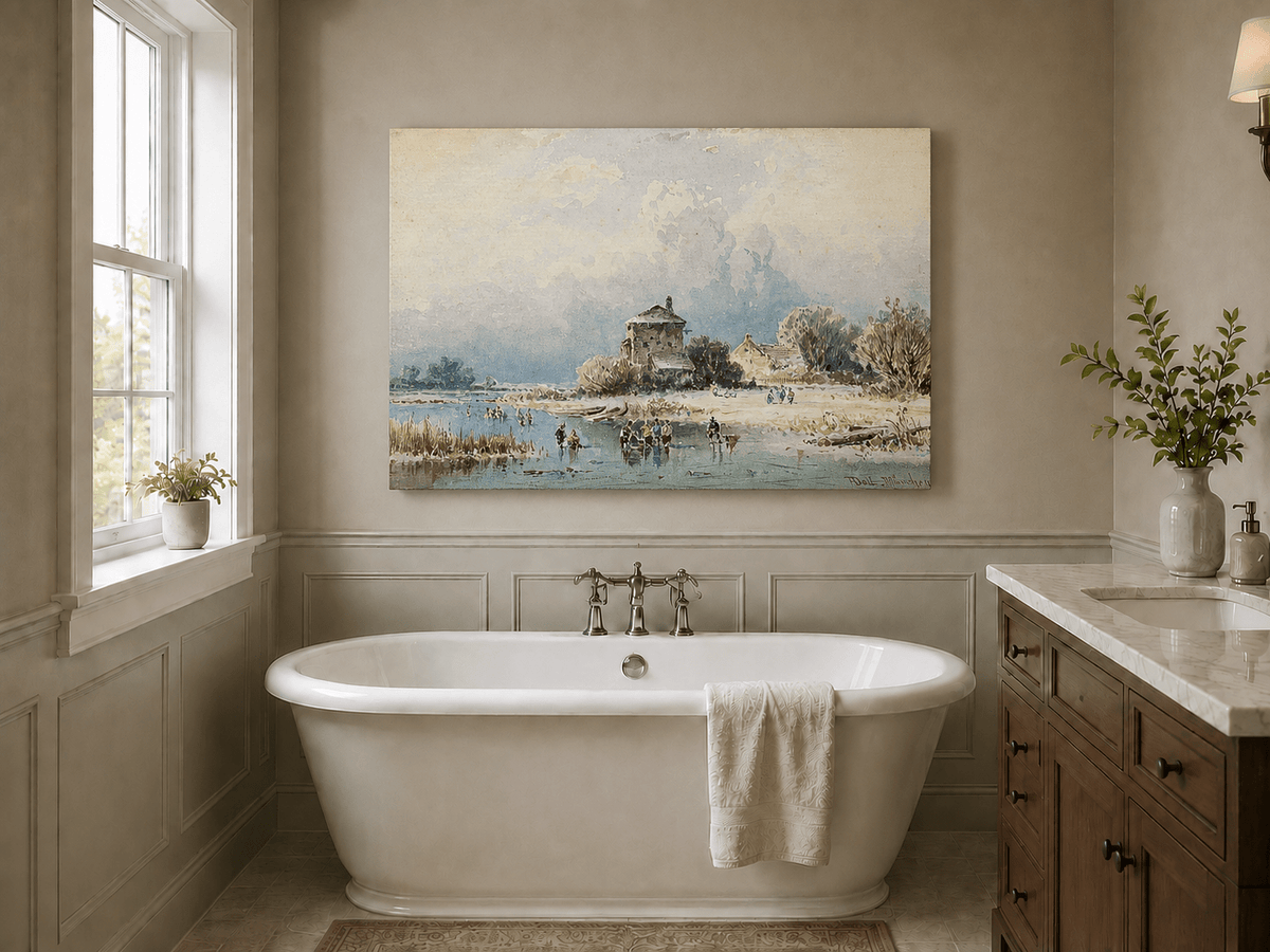Peinture à l'huile de paysage - Gouffre rocheux spectaculaire avec personnages