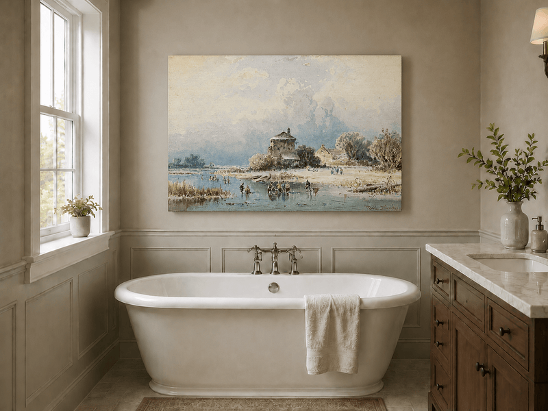 Peinture à l'huile de paysage - Gouffre rocheux spectaculaire avec personnages