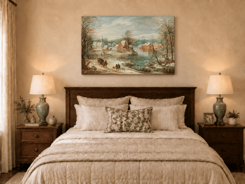 Landscape Oil Painting - Winter Riverside Village with Church
