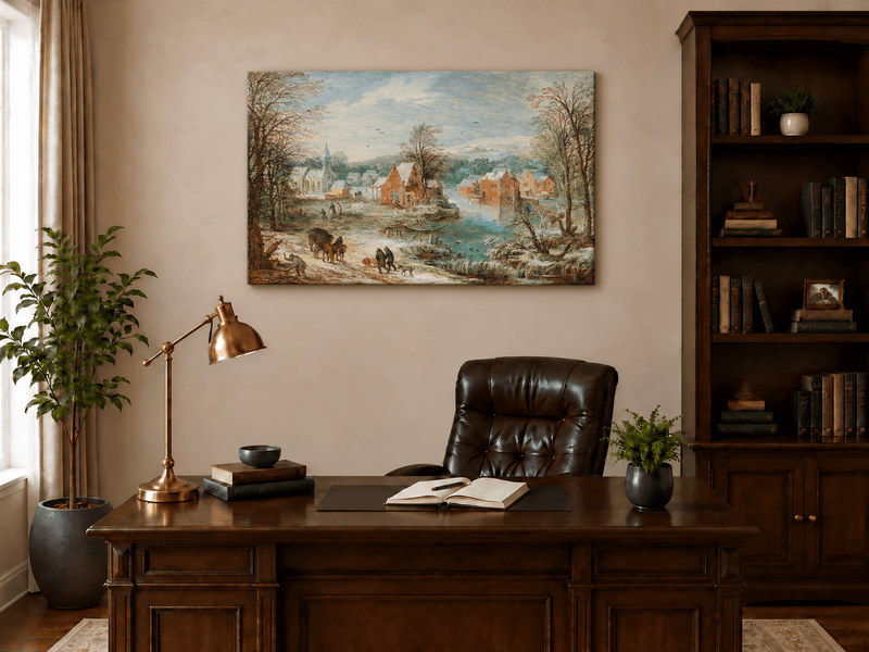 Landscape Oil Painting - Winter Riverside Village with Church