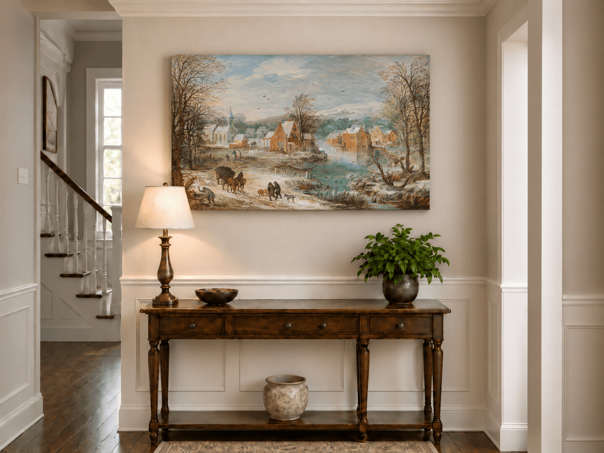 Landscape Oil Painting - Winter Riverside Village with Church