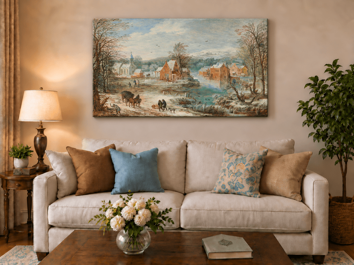 Landscape Oil Painting - Winter Riverside Village with Church