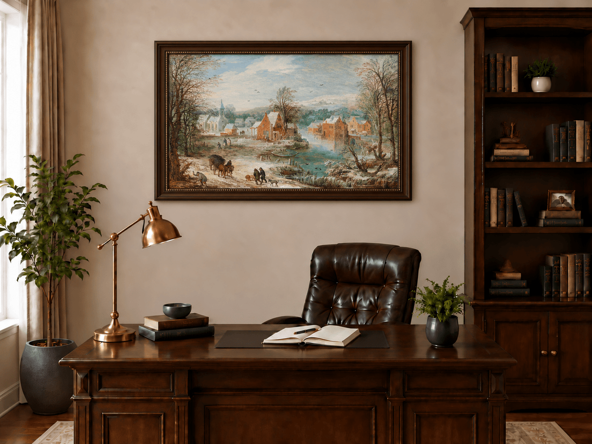 Landscape Oil Painting - Winter Riverside Village with Church