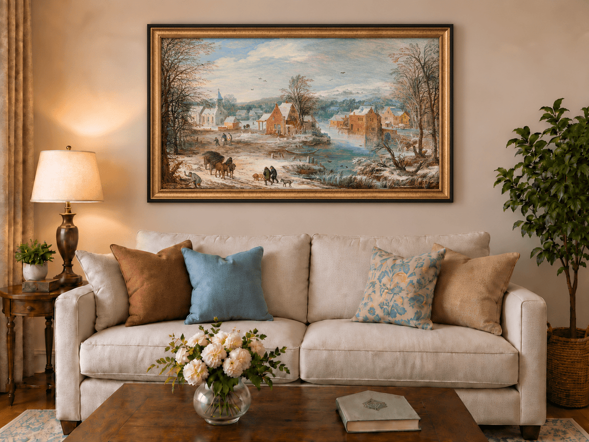 Landscape Oil Painting - Winter Riverside Village with Church