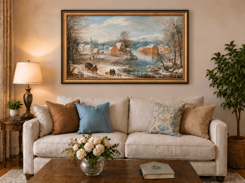 Landscape Oil Painting - Winter Riverside Village with Church
