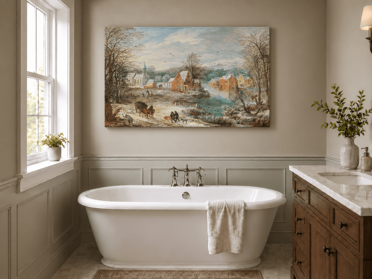 Landscape Oil Painting - Winter Riverside Village with Church