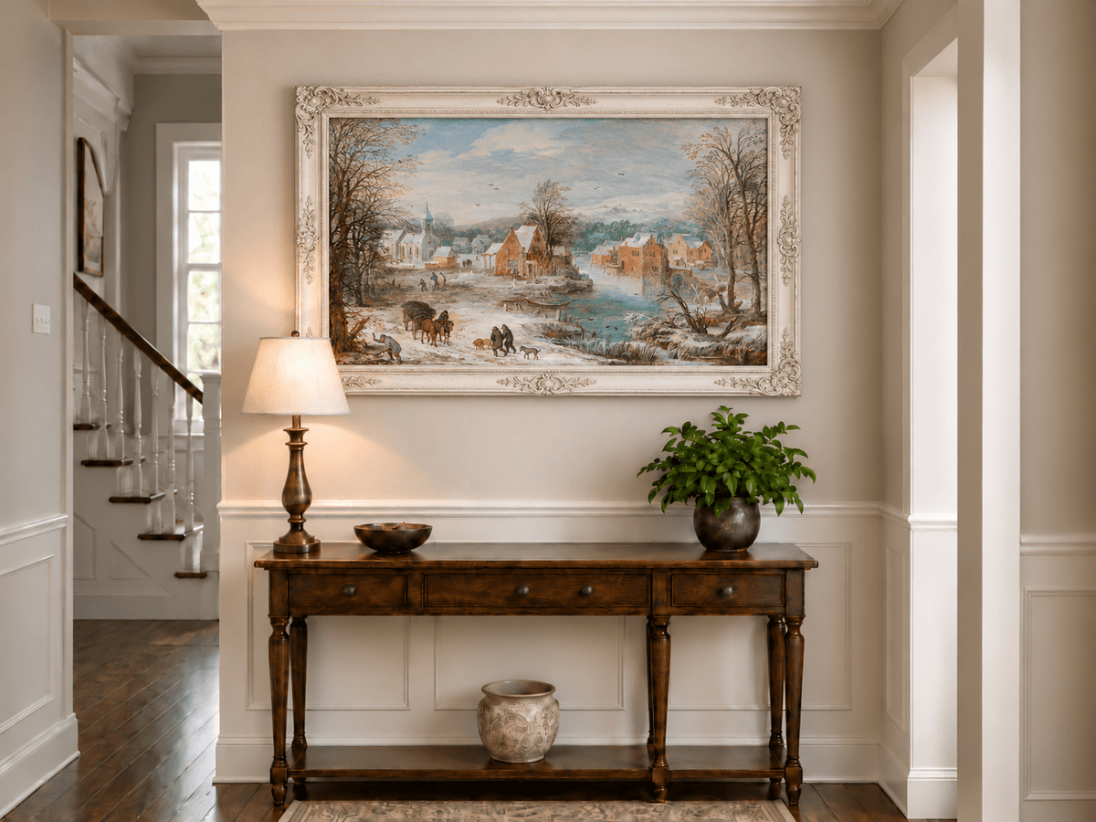 Landscape Oil Painting - Winter Riverside Village with Church
