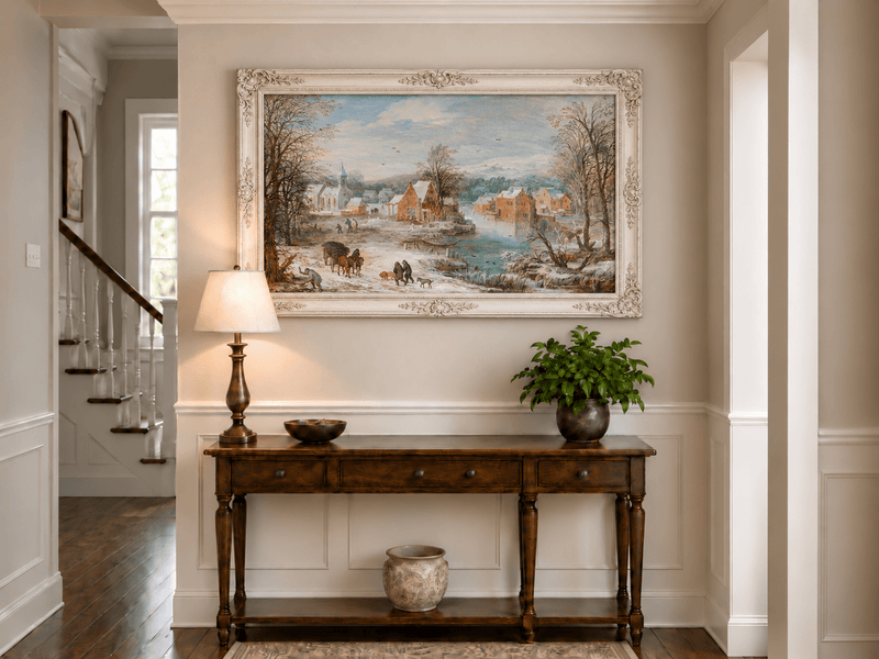 Landscape Oil Painting - Winter Riverside Village with Church