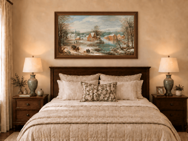 Landscape Oil Painting - Winter Riverside Village with Church