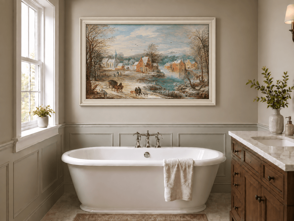 Landscape Oil Painting - Winter Riverside Village with Church