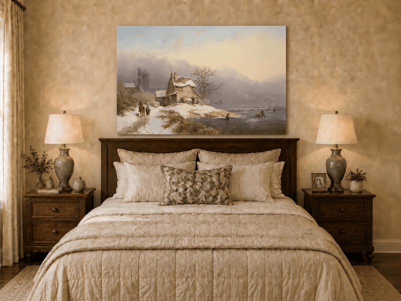 Ölgemälde Landschaft – Winterliches Dorf am Flussufer mit Figuren