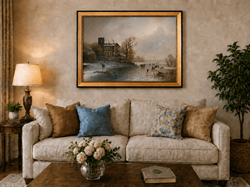 Ölgemälde Landschaft – Winterliches Dorf am Flussufer mit Figuren