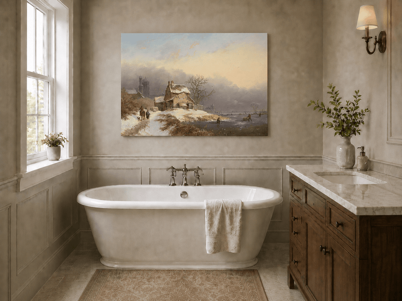 Ölgemälde Landschaft – Winterliches Dorf am Flussufer mit Figuren