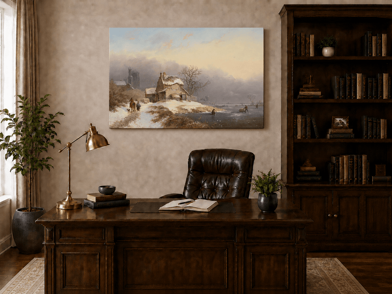 Ölgemälde Landschaft – Winterliches Dorf am Flussufer mit Figuren
