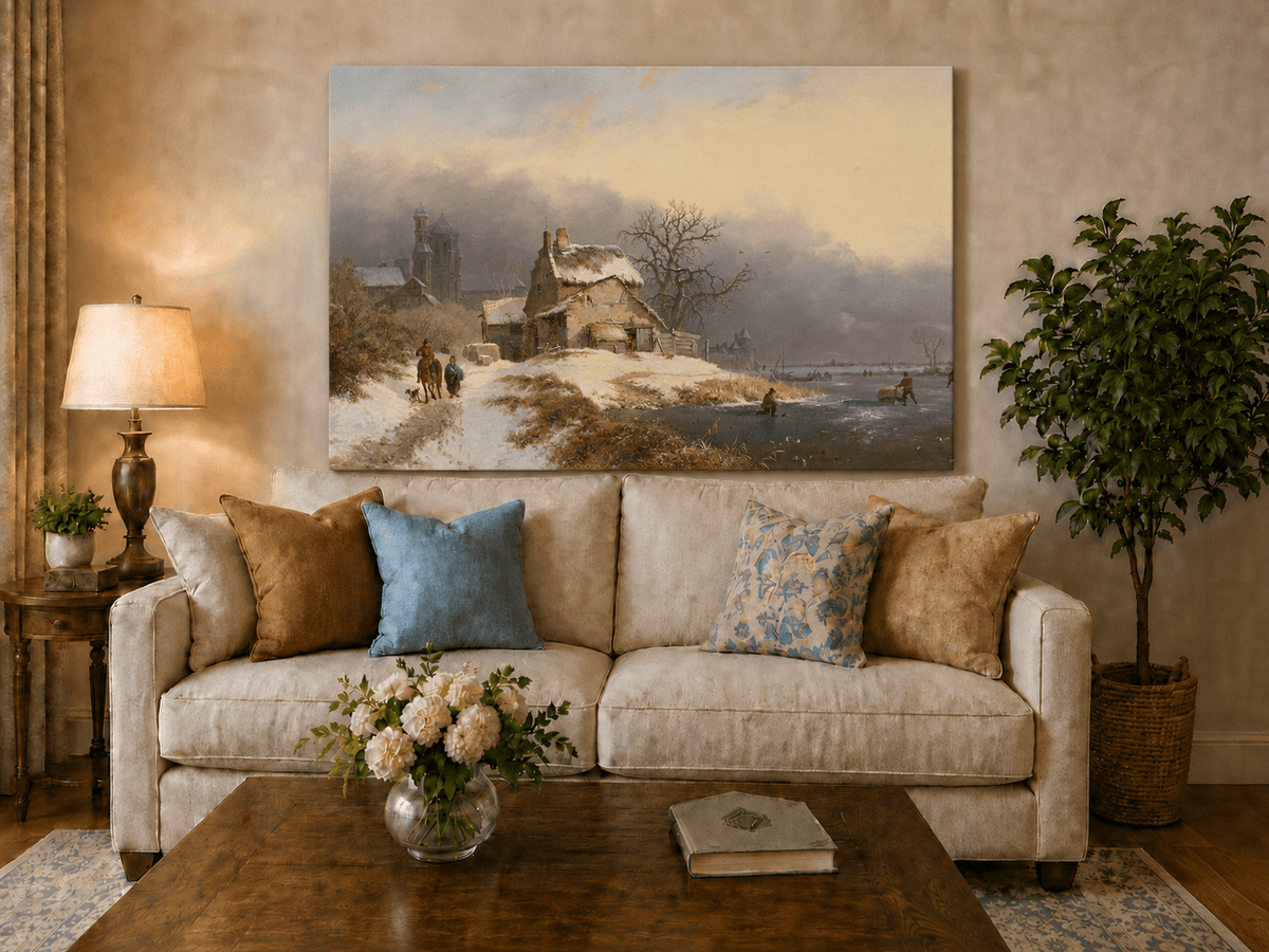 Ölgemälde Landschaft – Winterliches Dorf am Flussufer mit Figuren