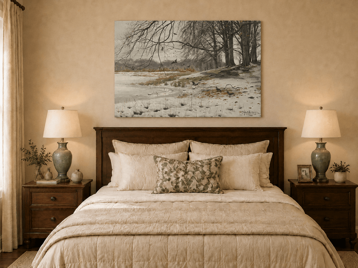Landscape Oil Painting - Winter Riverside with Birds