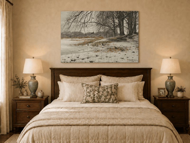 Landscape Oil Painting - Winter Riverside with Birds