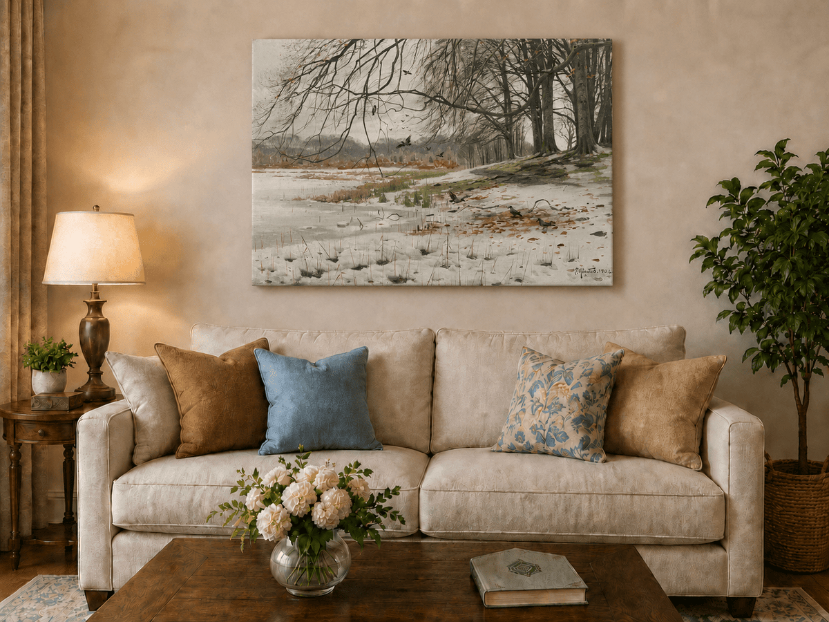 Landscape Oil Painting - Winter Riverside with Birds