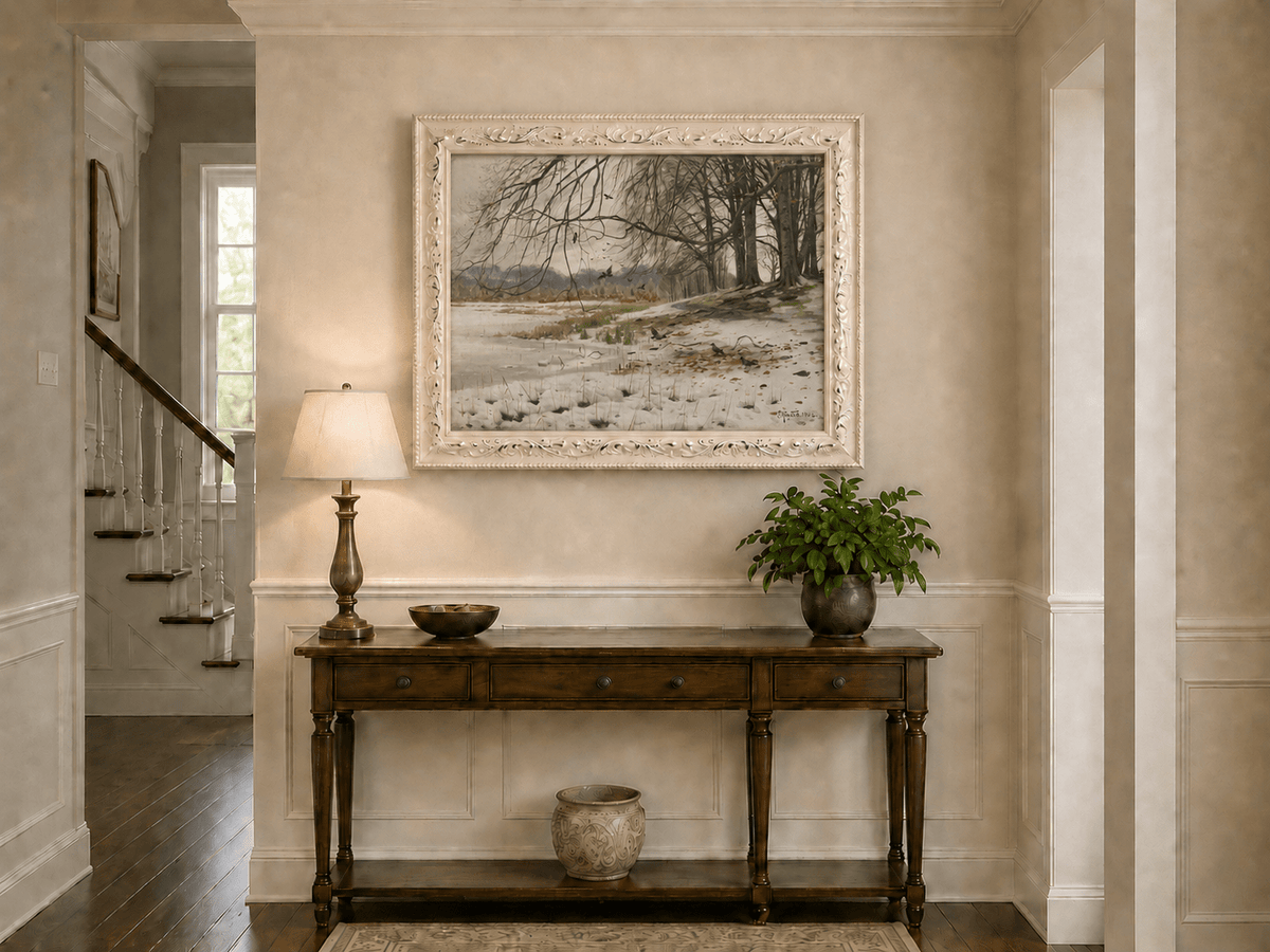 Landscape Oil Painting - Winter Riverside with Birds