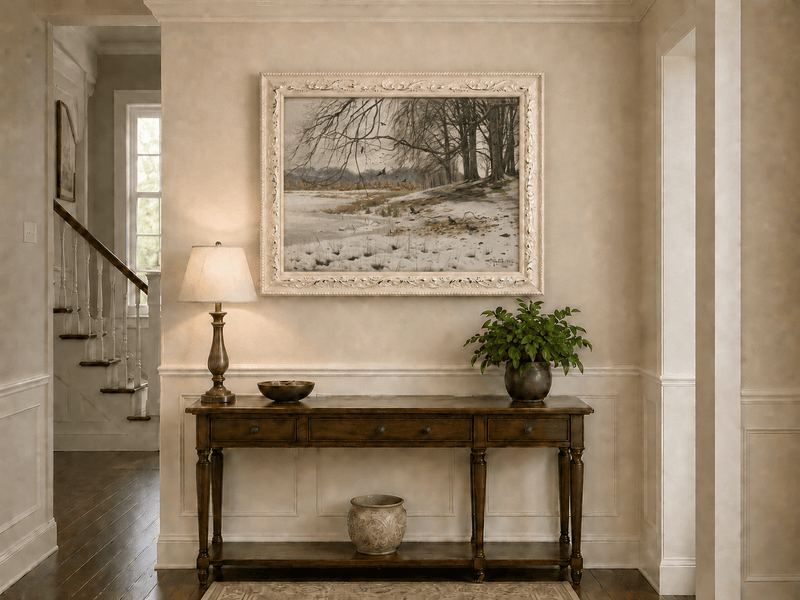 Landscape Oil Painting - Winter Riverside with Birds