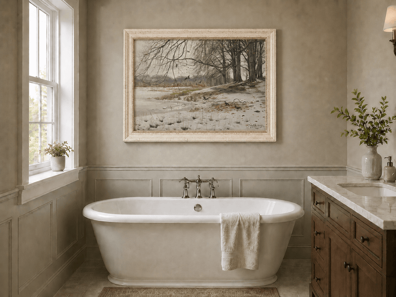 Landscape Oil Painting - Winter Riverside with Birds