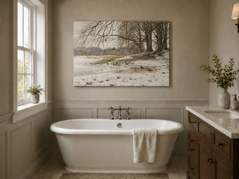 Landscape Oil Painting - Winter Riverside with Birds