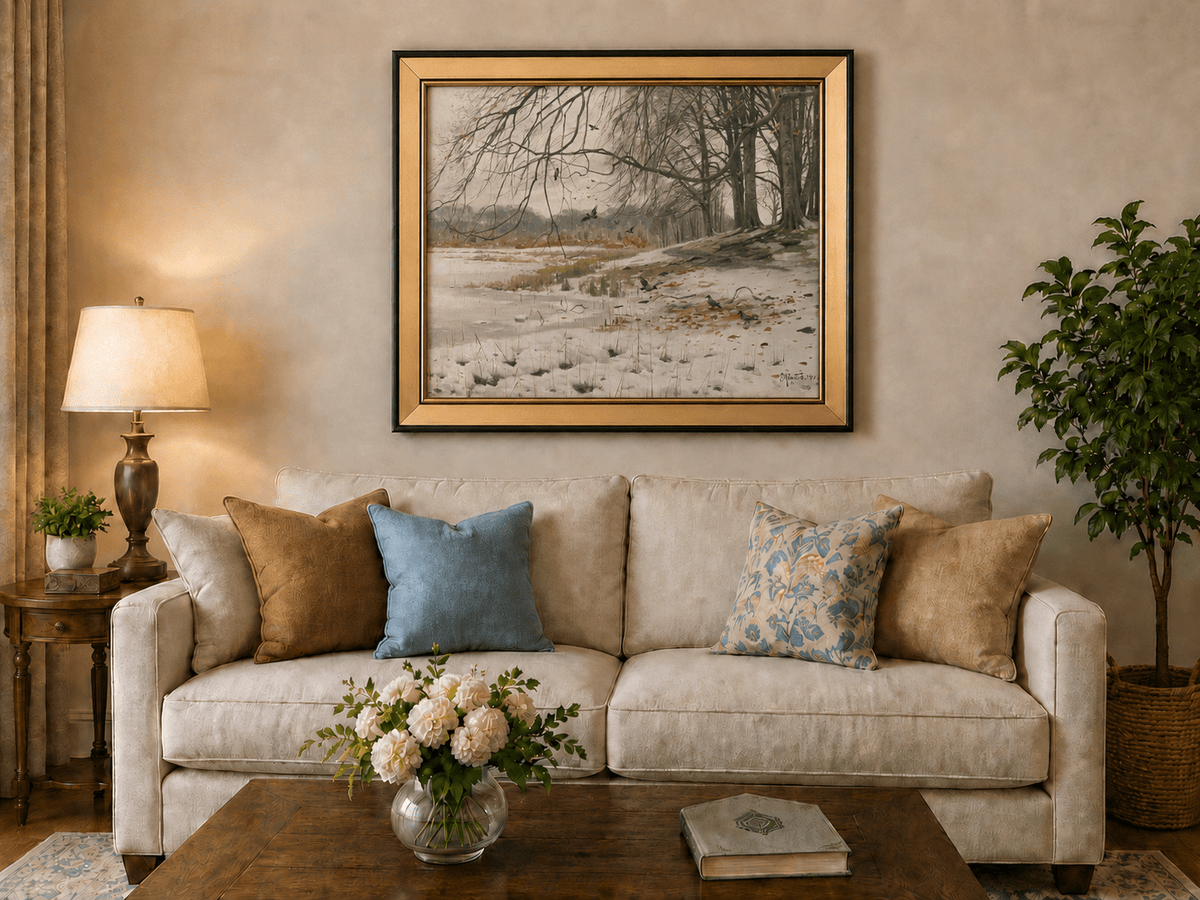Landscape Oil Painting - Winter Riverside with Birds