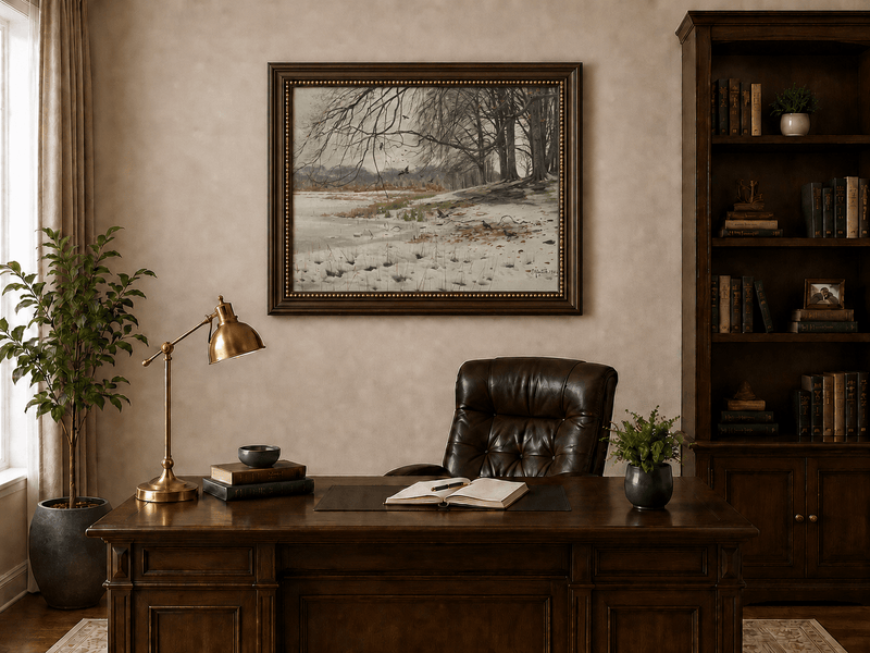 Landscape Oil Painting - Winter Riverside with Birds