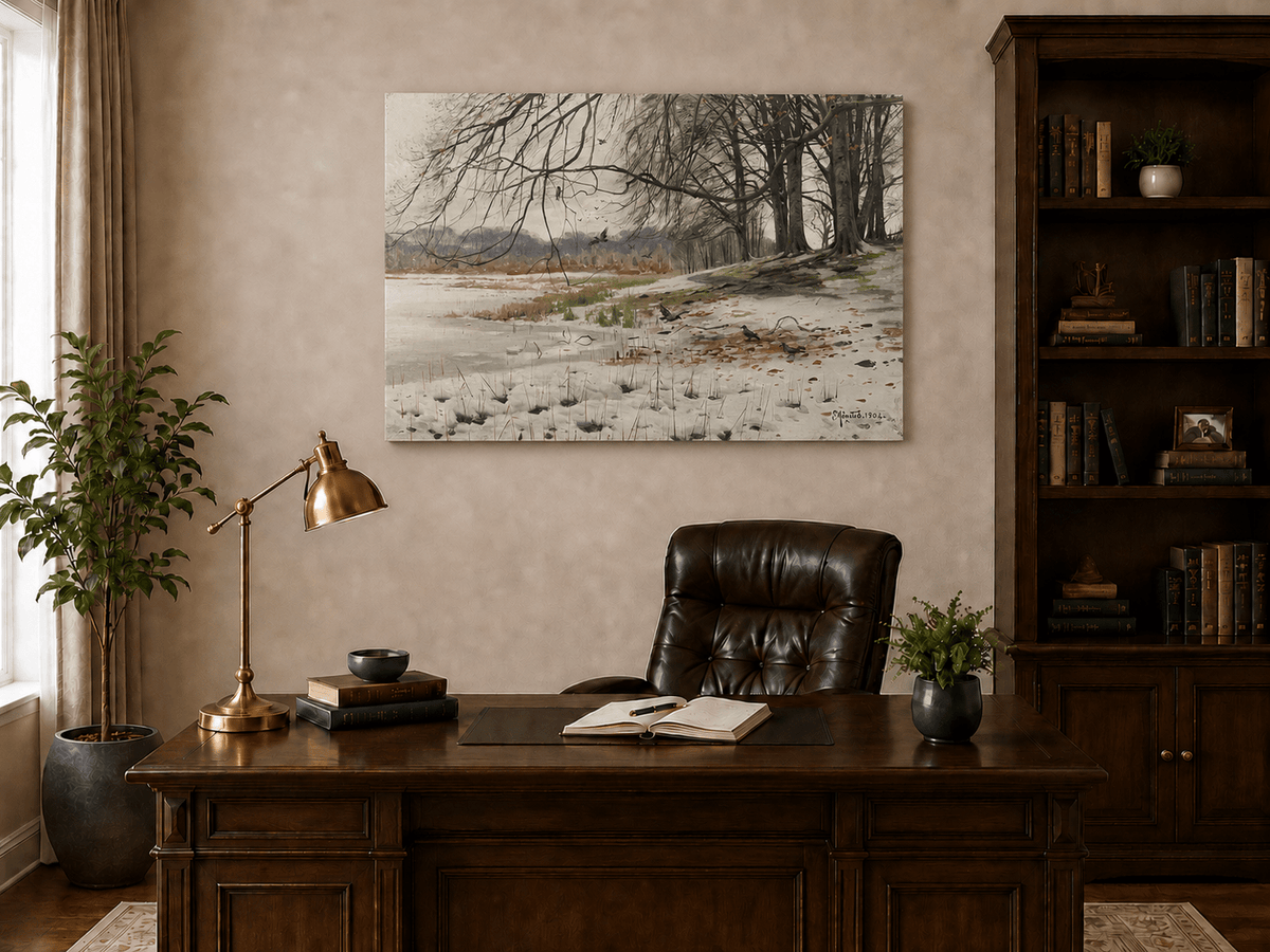Landscape Oil Painting - Winter Riverside with Birds