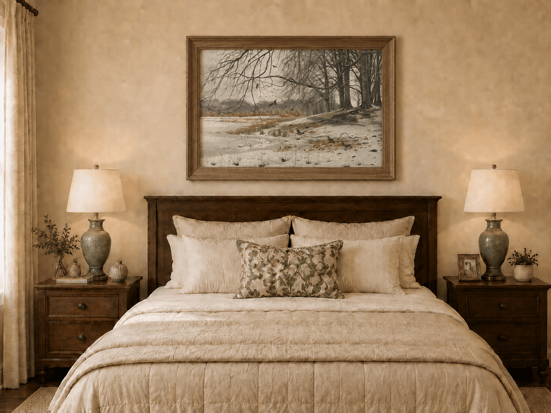 Landscape Oil Painting - Winter Riverside with Birds