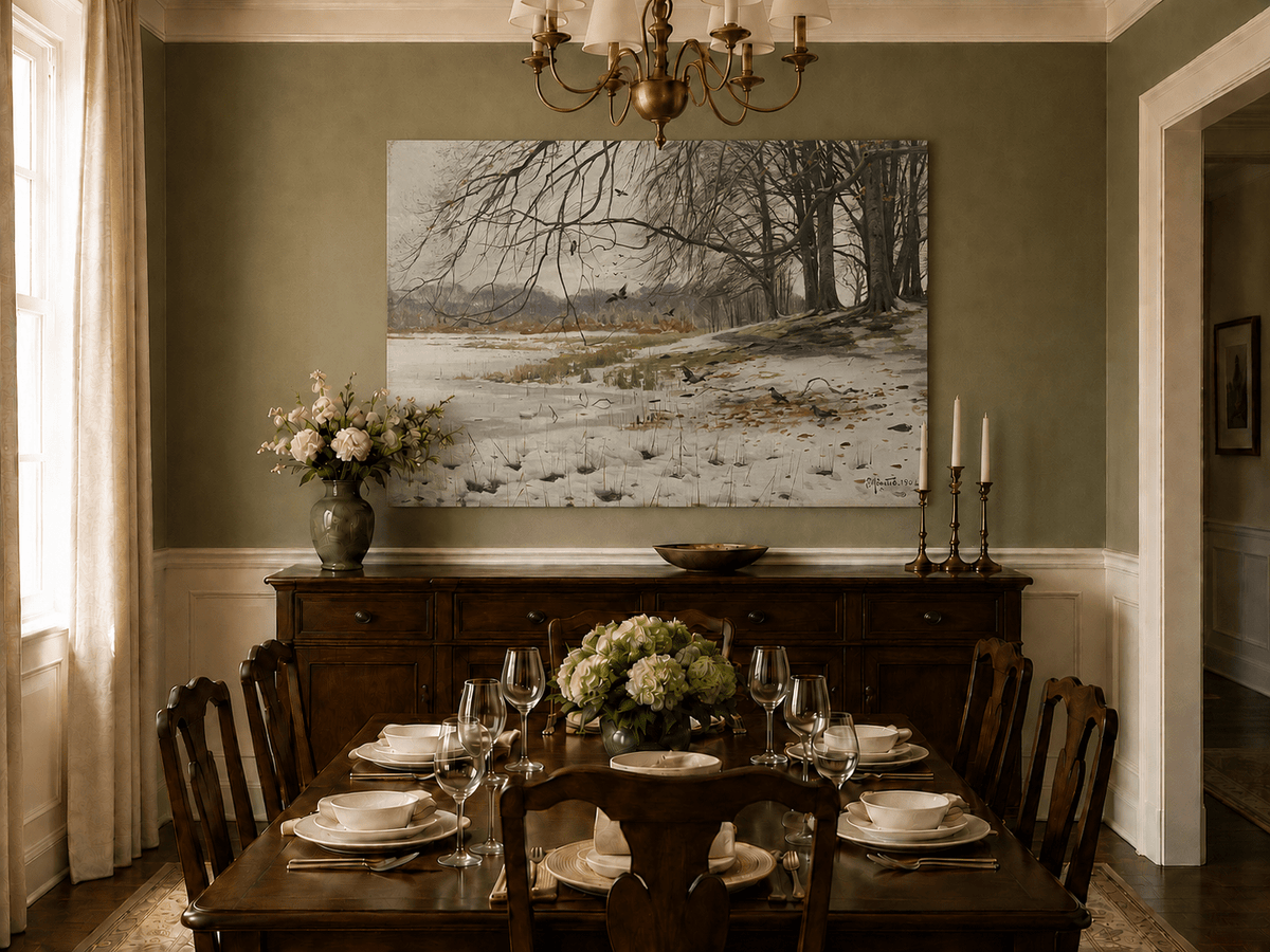 Landscape Oil Painting - Winter Riverside with Birds