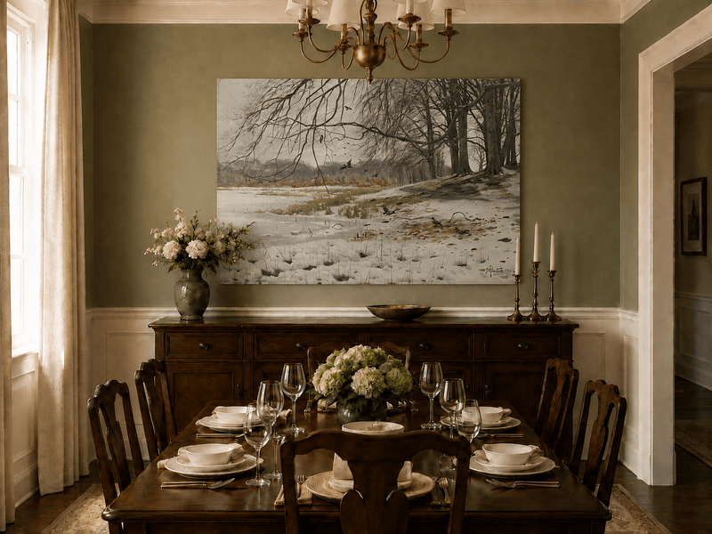 Landscape Oil Painting - Winter Riverside with Birds