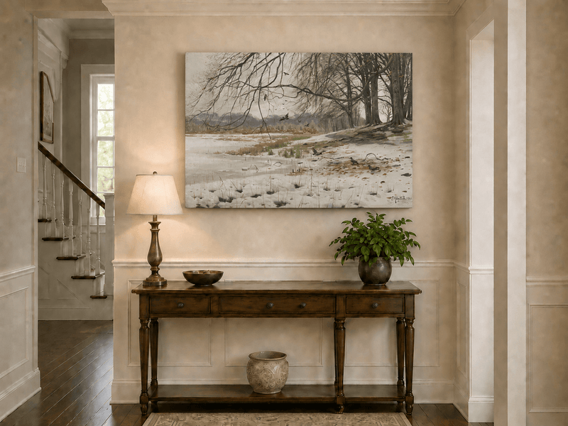 Landscape Oil Painting - Winter Riverside with Birds