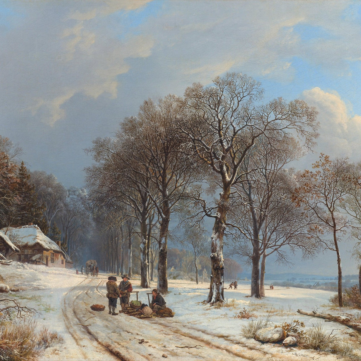 Landscape Oil Painting - Winter Road with Bare Trees and Figures - Oil Painting Haven